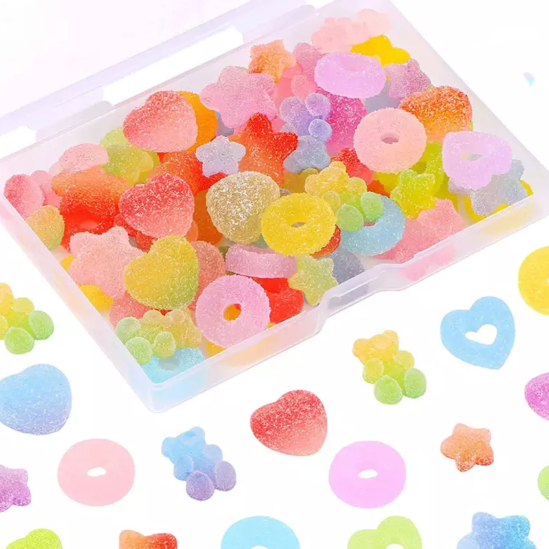Tmtains 120pcs Kawaii Slime Charms 3D Cute Mini Flatback Nail Gummy Bear Beads Bulk Resin Jewelry Making Candy Embellishments Supplies for Cell Phone