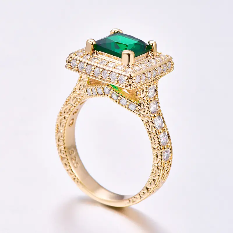 large square emerald glass white zircon plated 18k yellow gold ring details 4