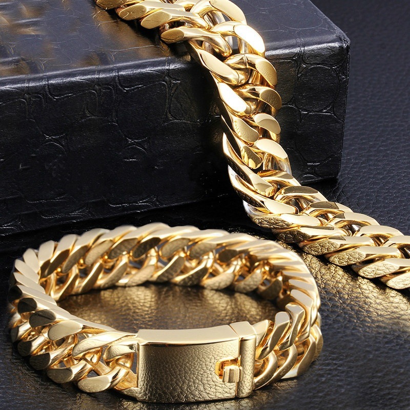 Men's Golden Plated 10mm Alloy Double Buckle Bracelet