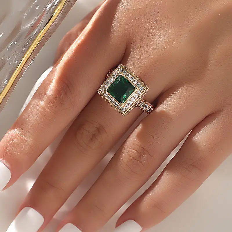 large square emerald glass white zircon plated 18k yellow gold ring details 0