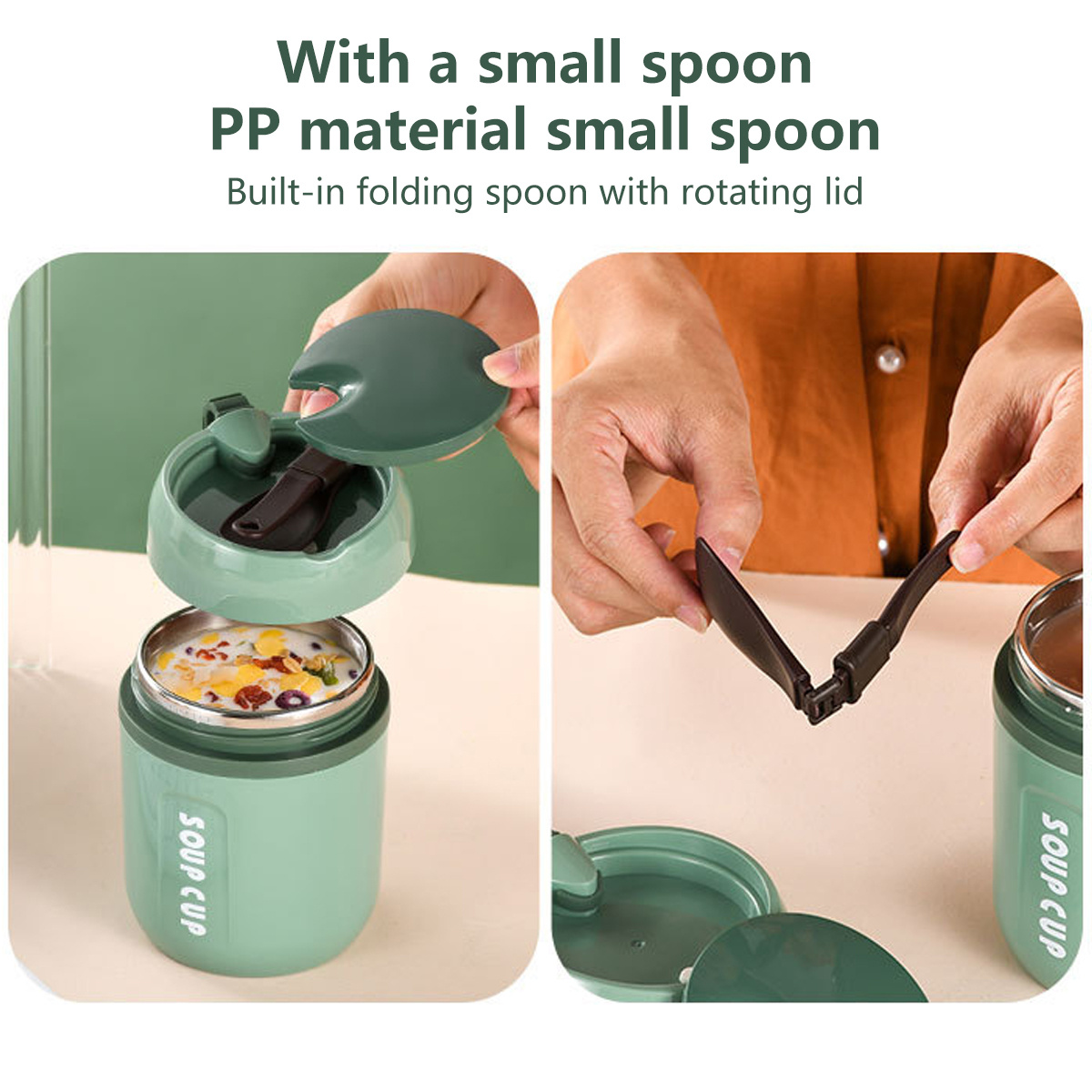 Insulated Food Jar Lunch Box Vacuum Food Thermos Soup Cup with Folding  Spoon Stainless Steel Thermal Food Container Warmer Storage Jar