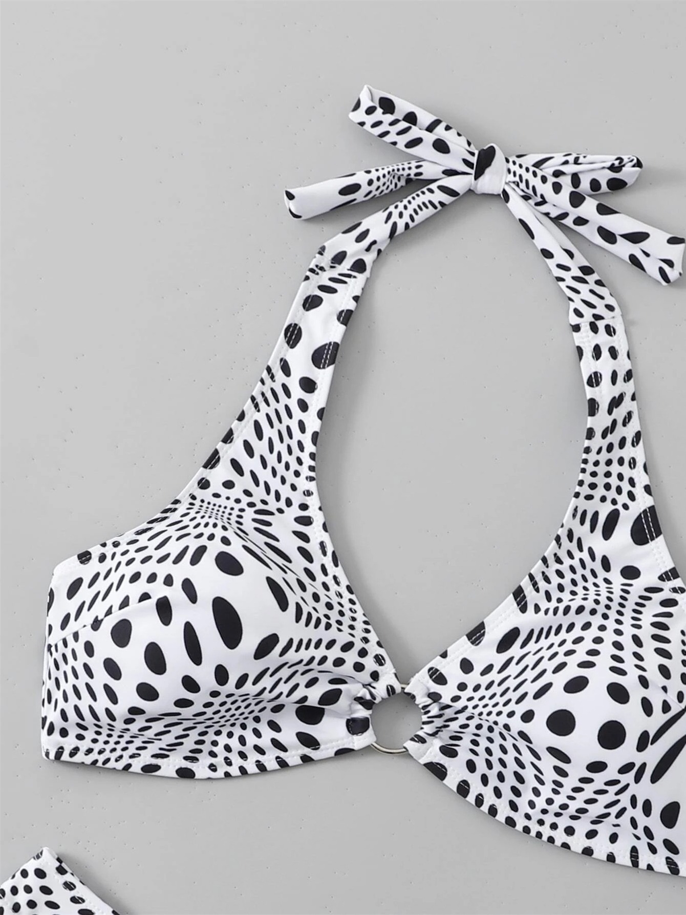 Polka Dot Halter Neck Bikini Sets, V Neck Ringlinked Tie Back Backless