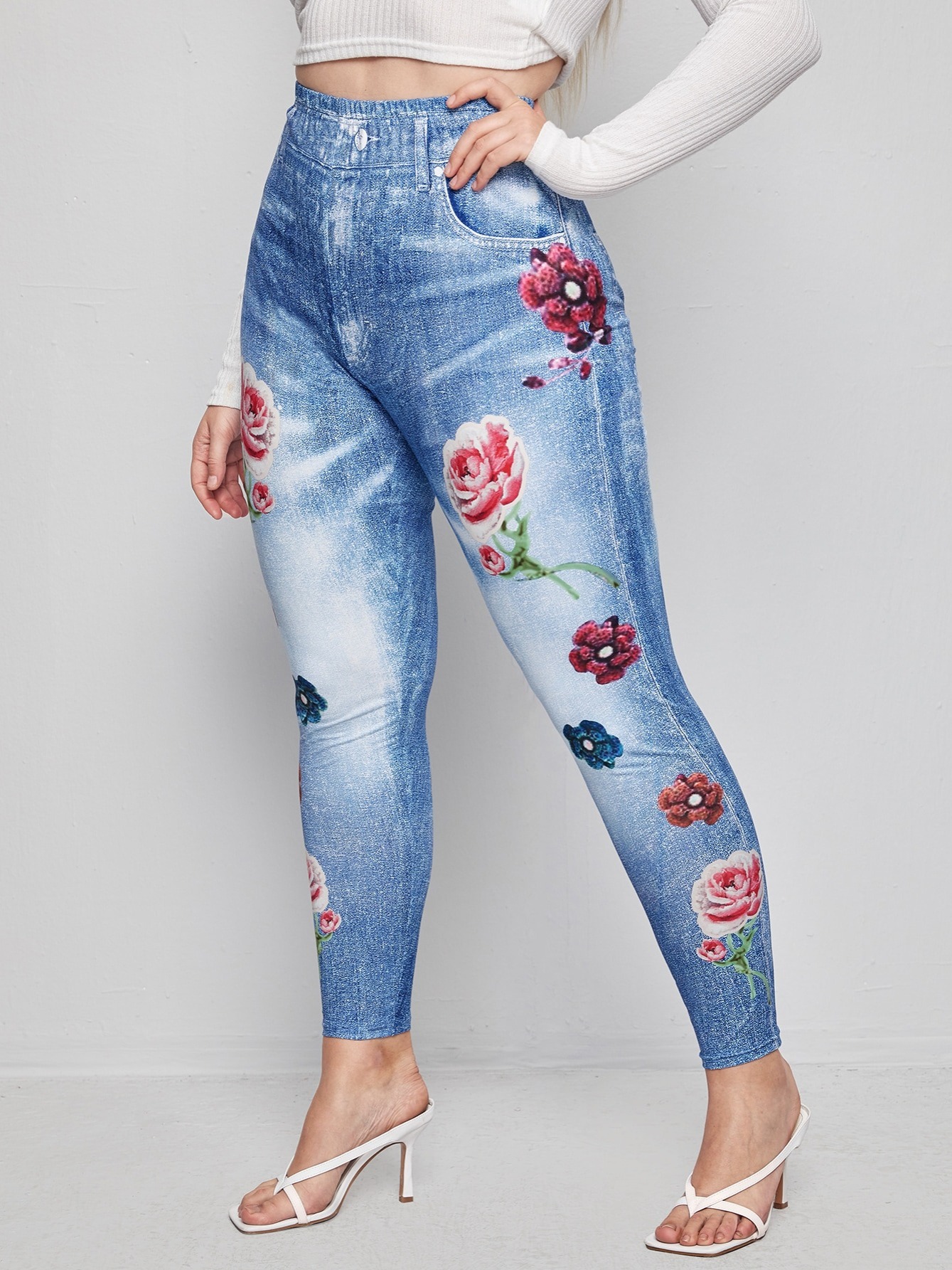 Plus Size Denim Print Leggings - Temu