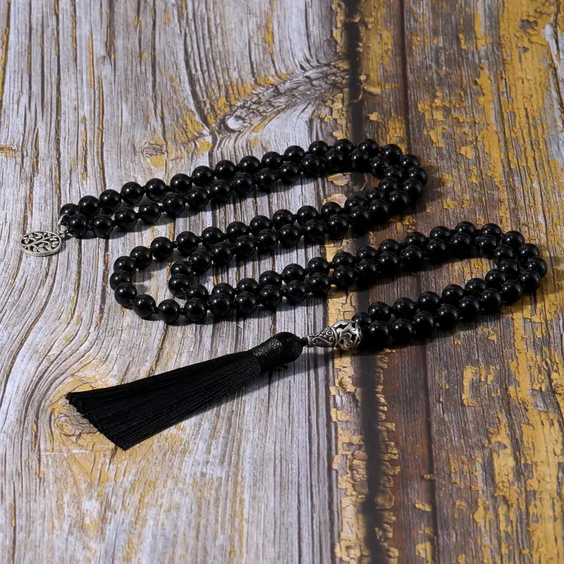 Black Onyx Knotted 108 Mala Beads Necklace Prayer Meditation - Temu