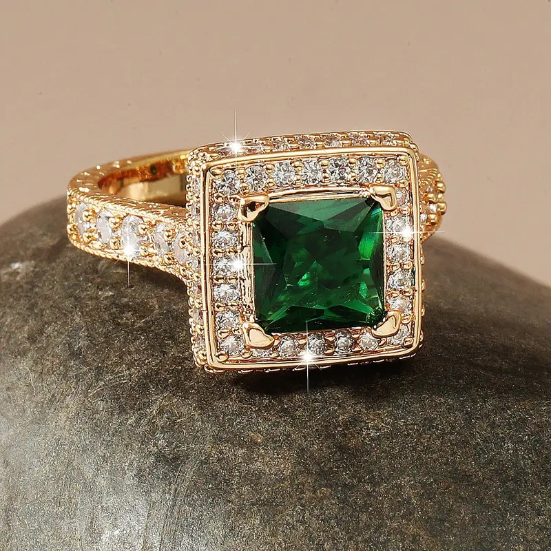 large square emerald glass white zircon plated 18k yellow gold ring details 2