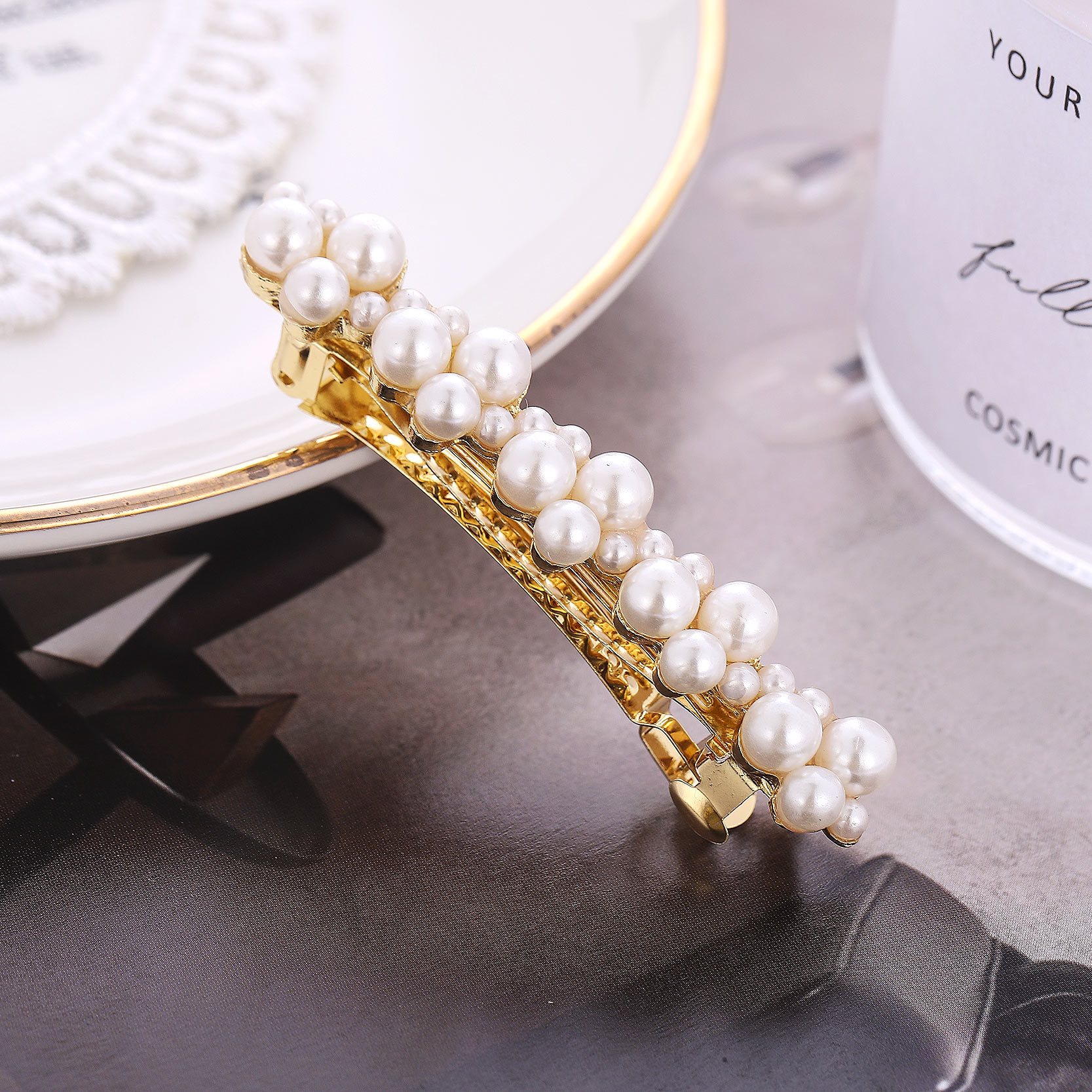 Vintage Rhinestone Hair Clips with Faux Pearl