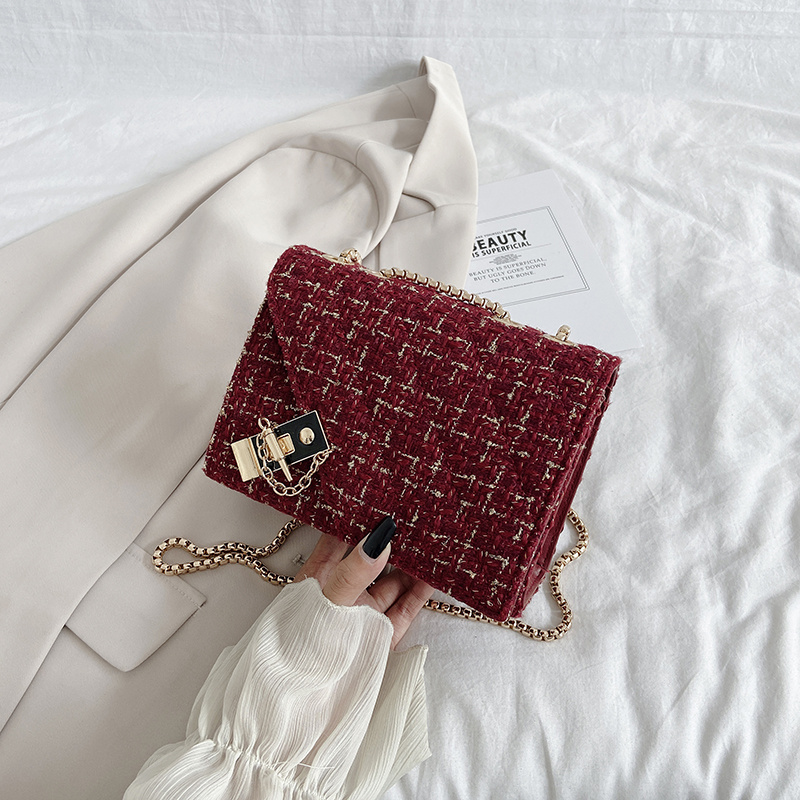 Mini Tweed Crossbody Bag, Trendy Chain Shoulder Bag, Plaid Square Purse