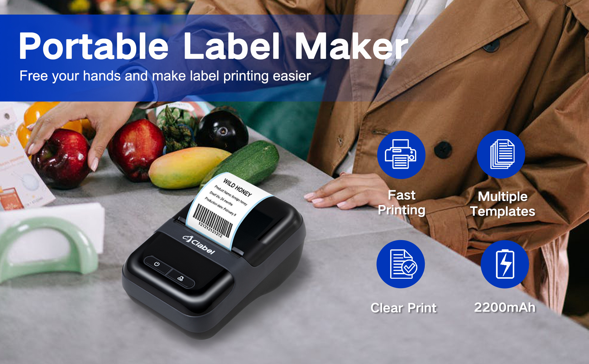 1pc Label Maker CLABEL 220B Portable Barcode Printer Mini Wireless Thermal Label Maker Printer For Jewelry Clothing Barcode Compatible With Android IOS System For Retail QR Code