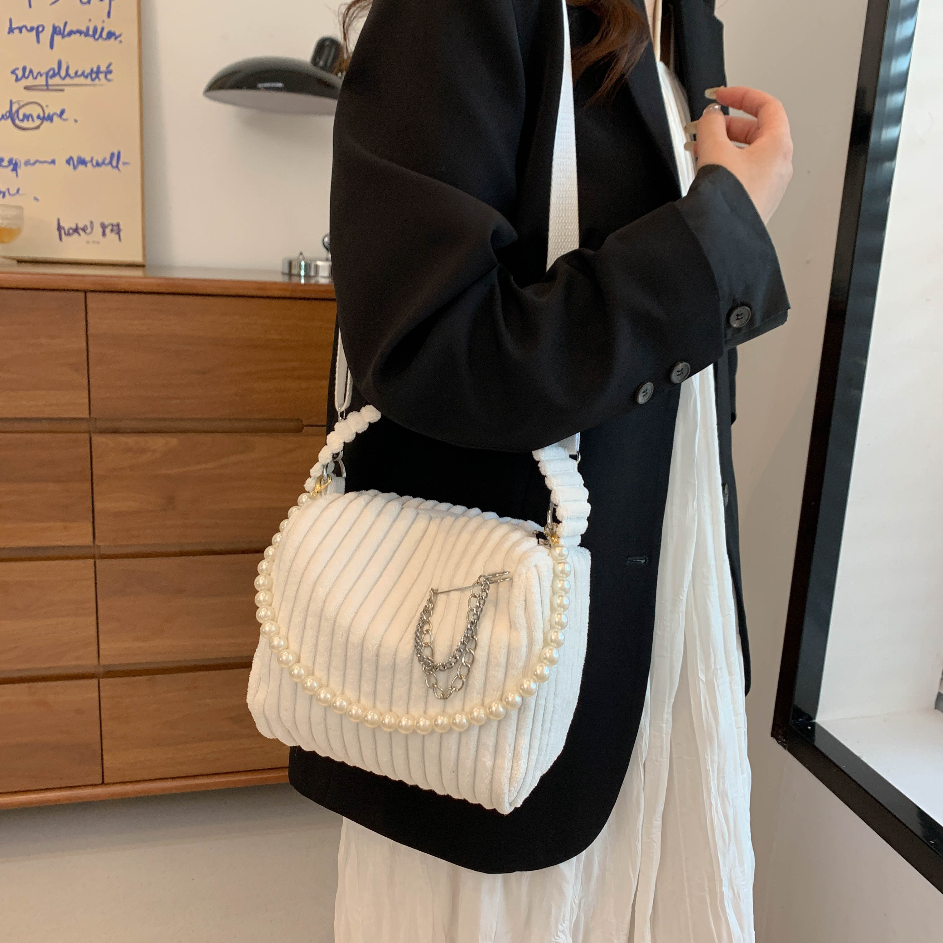 Women's Corduroy Bag With Pearl Strap, Solid Color Top Handle Purse, Trendy  Handbag, Zipper Ladies Bag - Temu South Korea