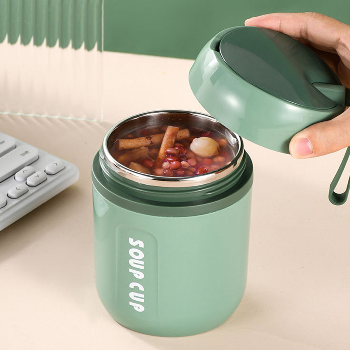 Lunch Food Jar - Vacuum Insulated Lunch Thermos with folding Spoon &  Build-in Handle - Stainless Steel