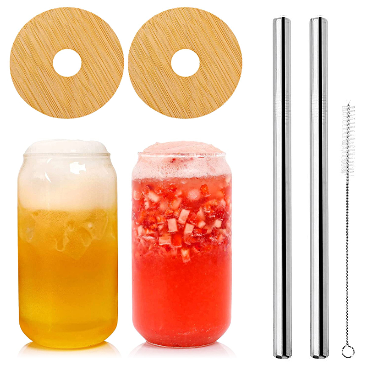 Transparent Can shape Glass Cups with Bamboo lid & Straw Ice Coffee Cup  Glass