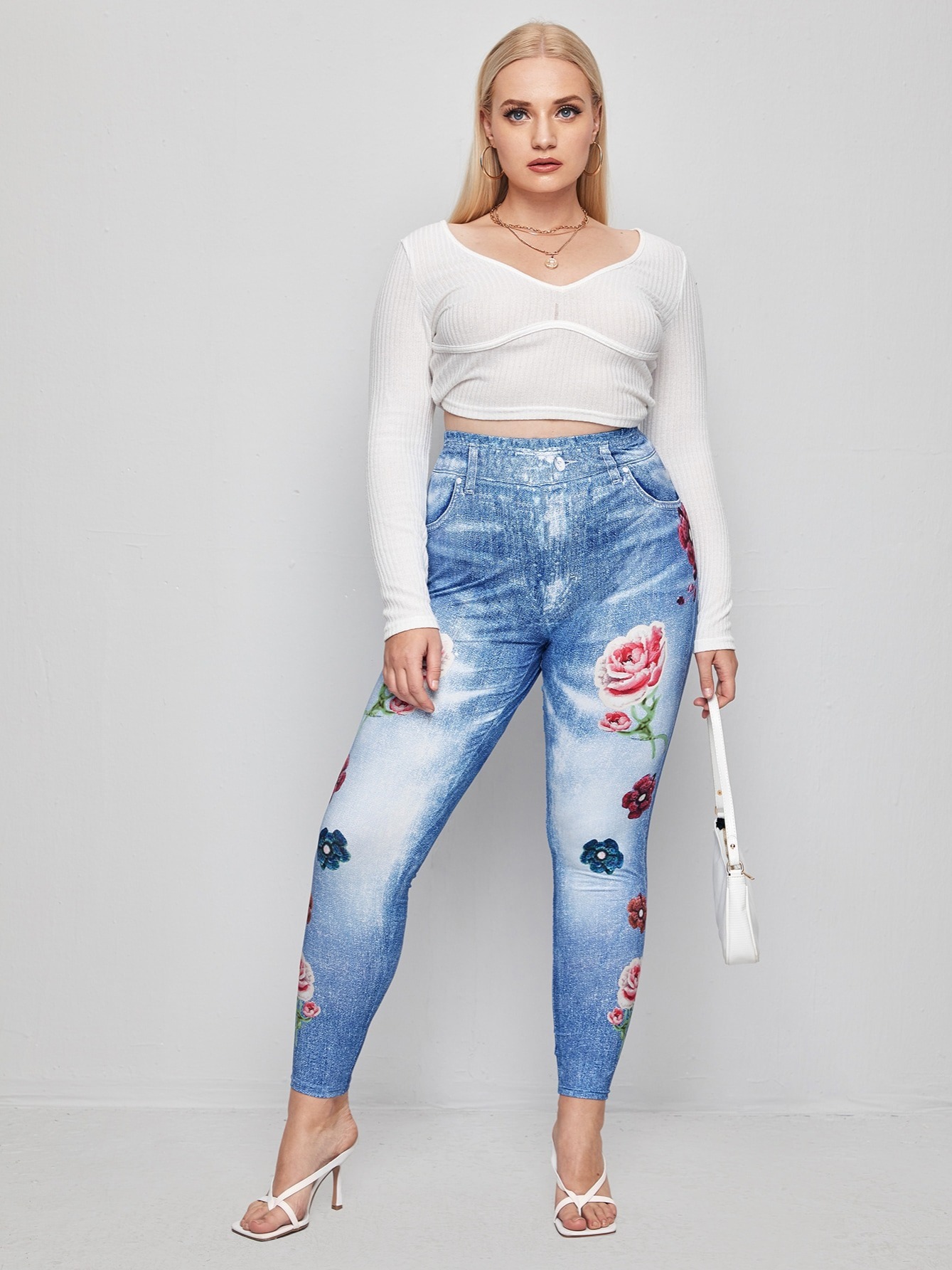 Plus Size Floral Print & Denim Print Leggings, Women's Plus High Stretch  Casual Leggings