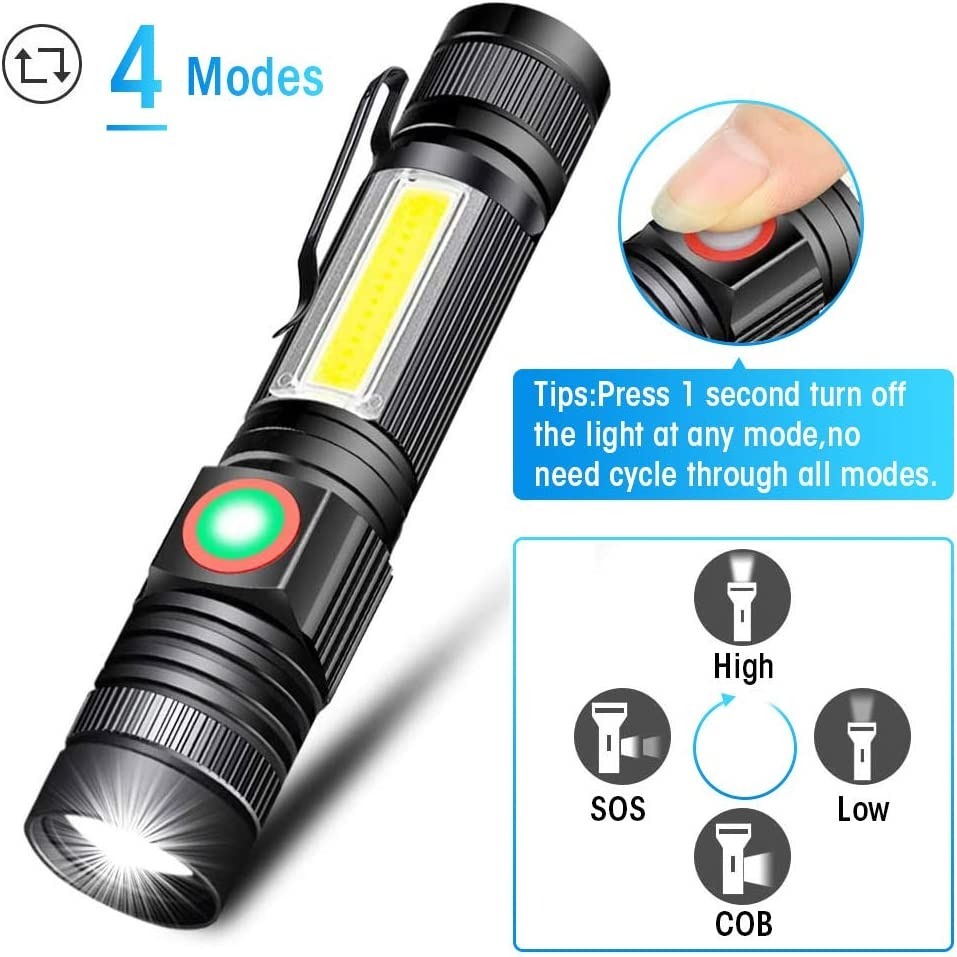 Rechargeable Flashlight, Super Bright LED Flashlight with COB sidelight,  Zoomable, Waterproof, 4 Modes, Tactical Flashlight for Camping, Emergency