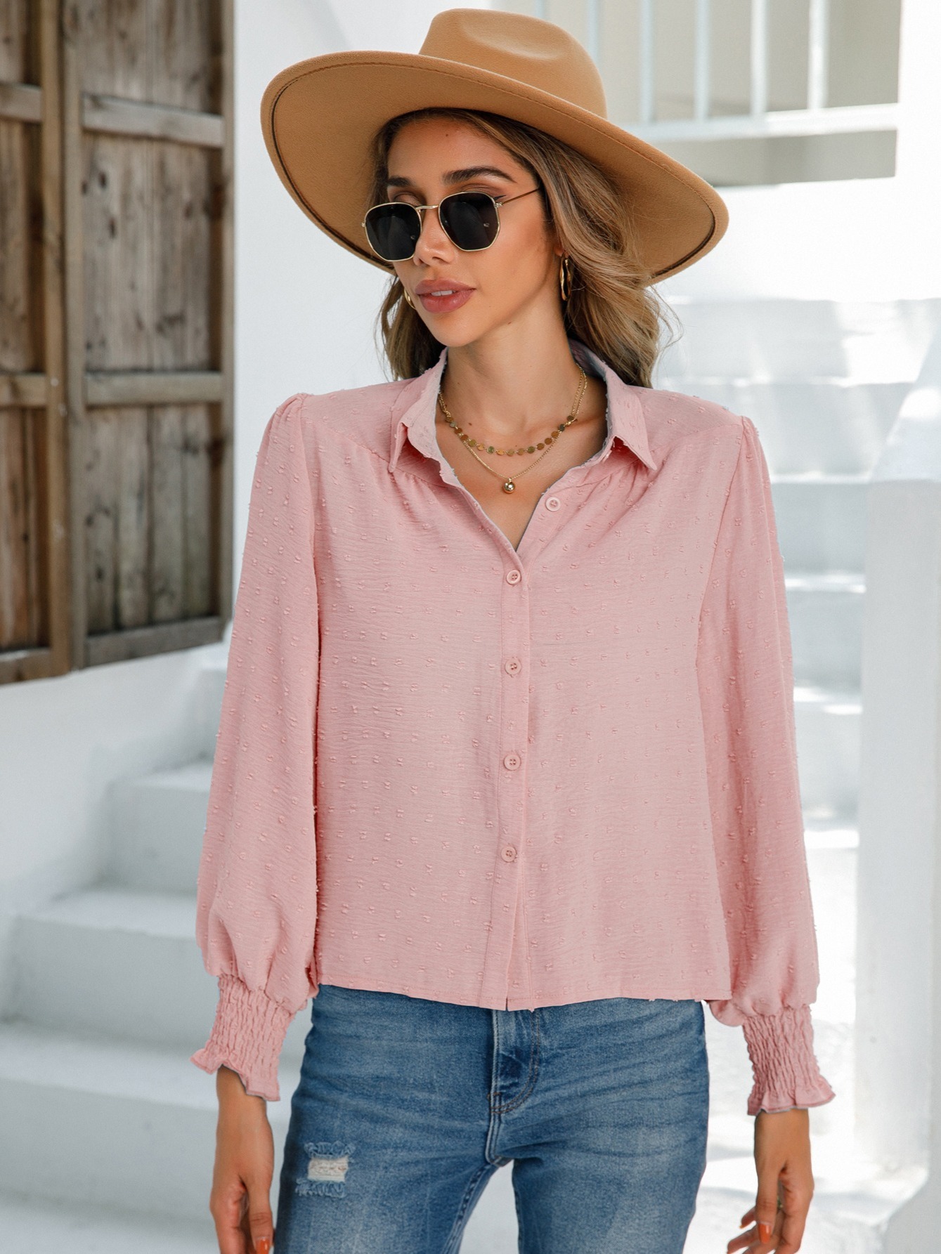 Loose-Fit Button Down Blouse, Flowing V-Neck Collared Shirt, Casual Tops,  Women's Clothing