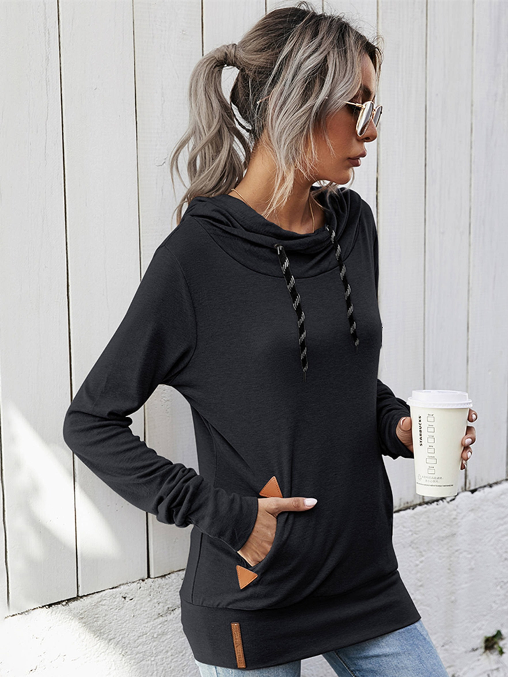 Women Solid Sweatshirt Casual Long Sleeve Hooded Loose Drawstring