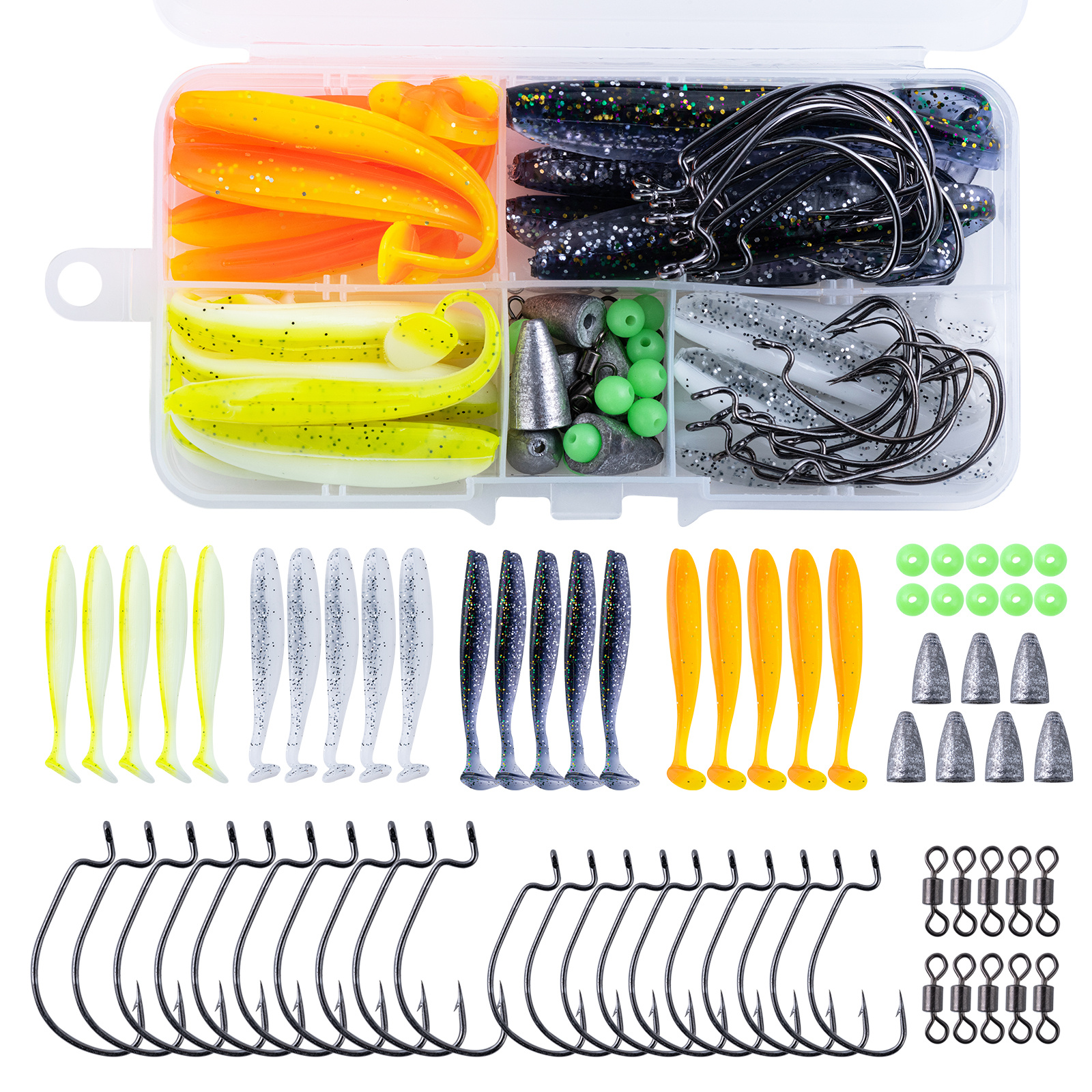 68 Piece Texas Rig Fishing Kit Skirted Soft Lures Screw Pins