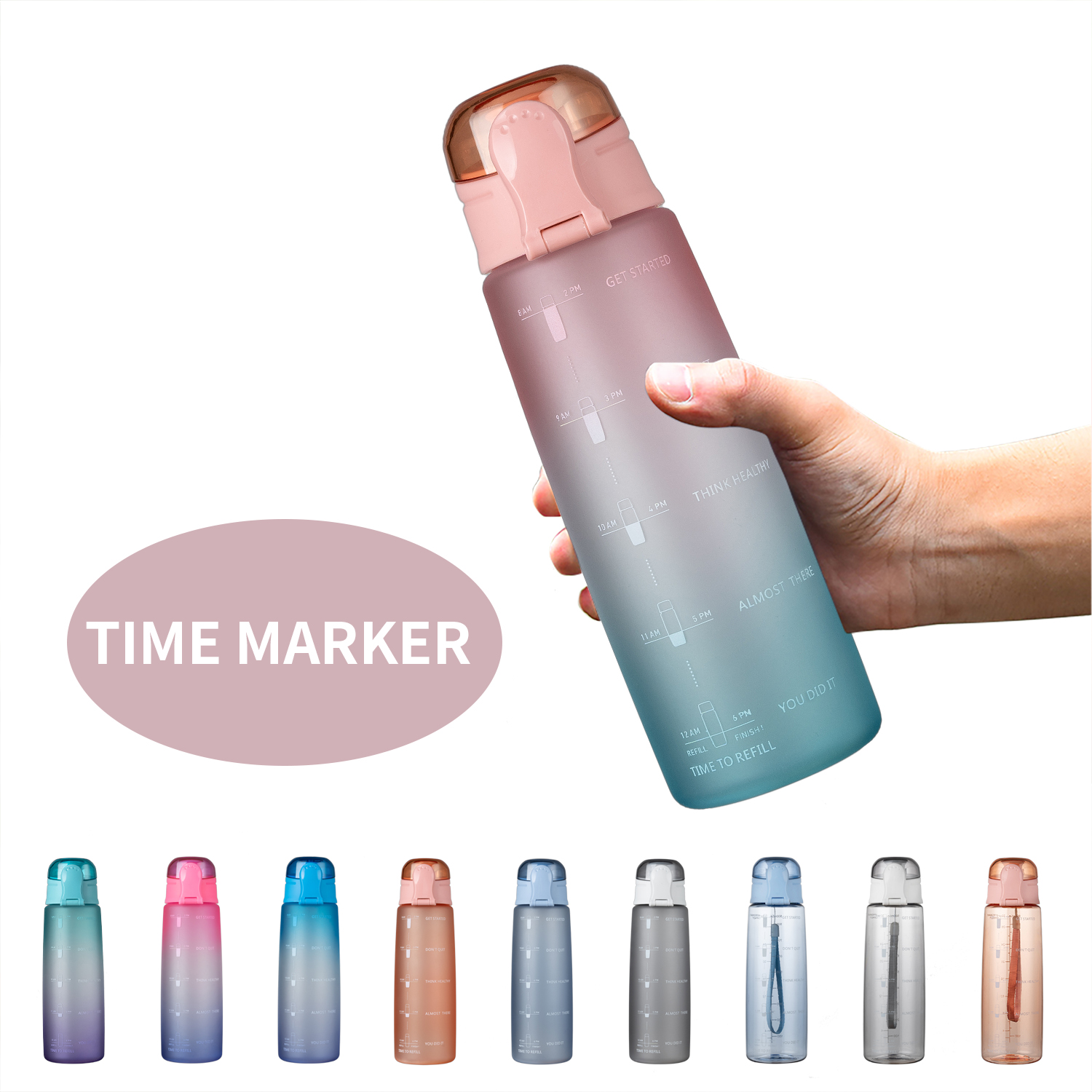 1L Sports Gradient Water Bottle Outdoor Time Marker Frosted Straw