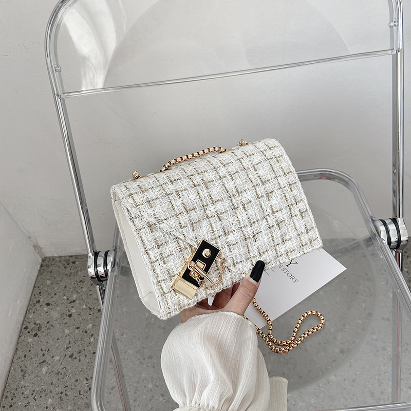 Mini Tweed Crossbody Bag, Trendy Chain Shoulder Bag, Plaid Square Purse