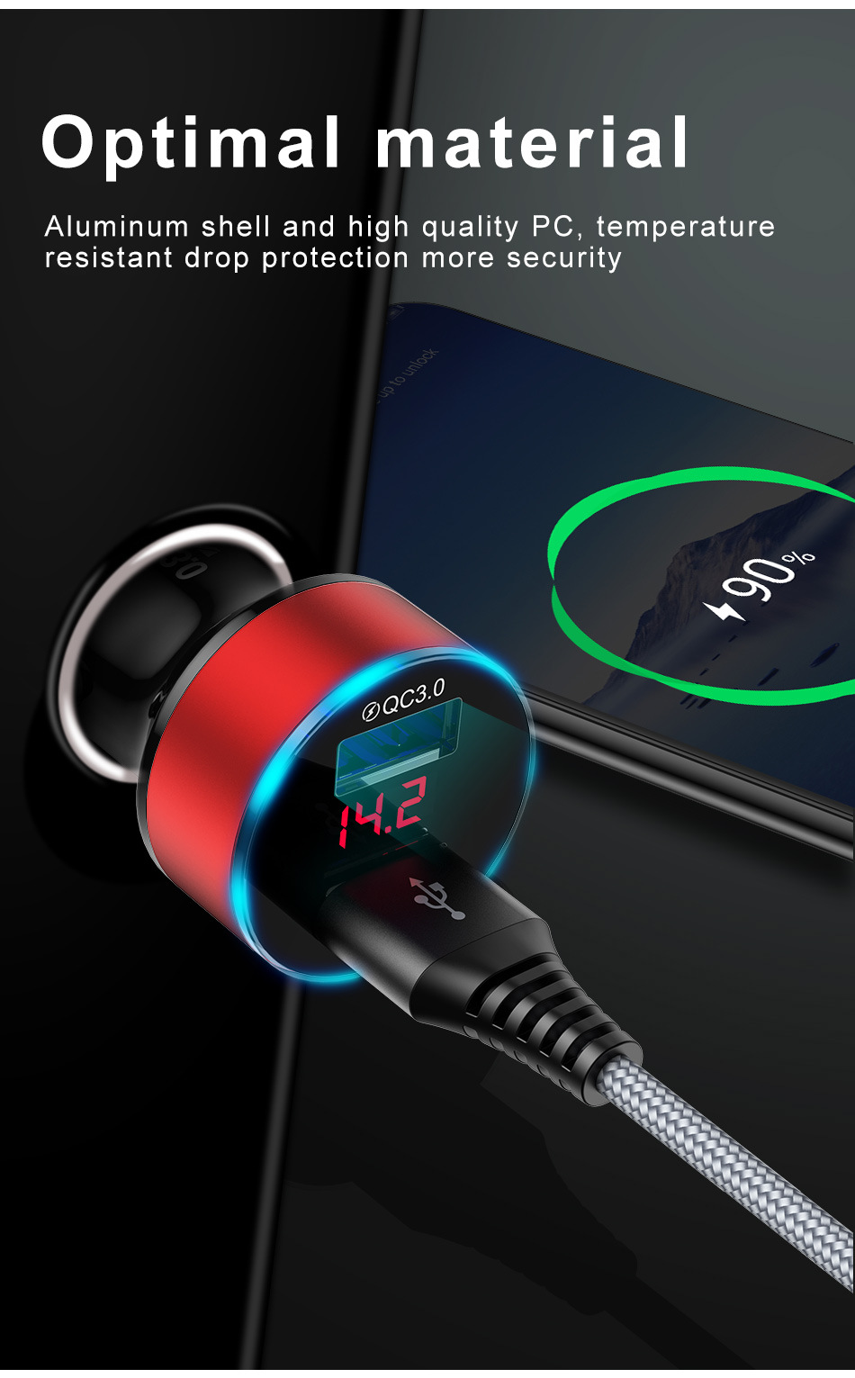USB Car Charger Fast Charge[Dual QC3.0/Black/All Metal] 36W 6A