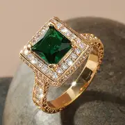 large square emerald glass white zircon plated 18k yellow gold ring details 1