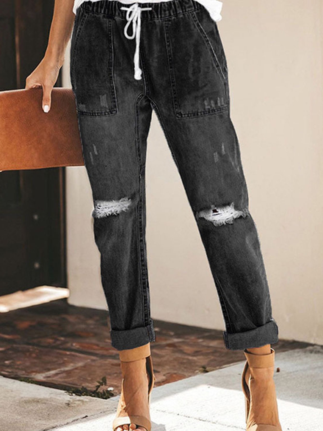  Pantalones de mezclilla para mujer, jeans para mujer, jeans  rasgados de pierna recta (color gris oscuro, talla: M) : Ropa, Zapatos y  Joyería