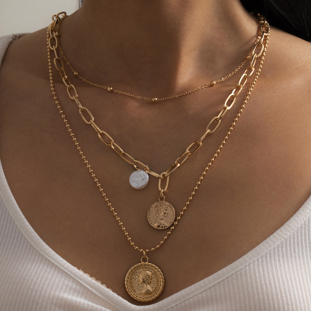 

3pcs Vintage Baroque Pearl Metal Pendant Set Necklace For Women