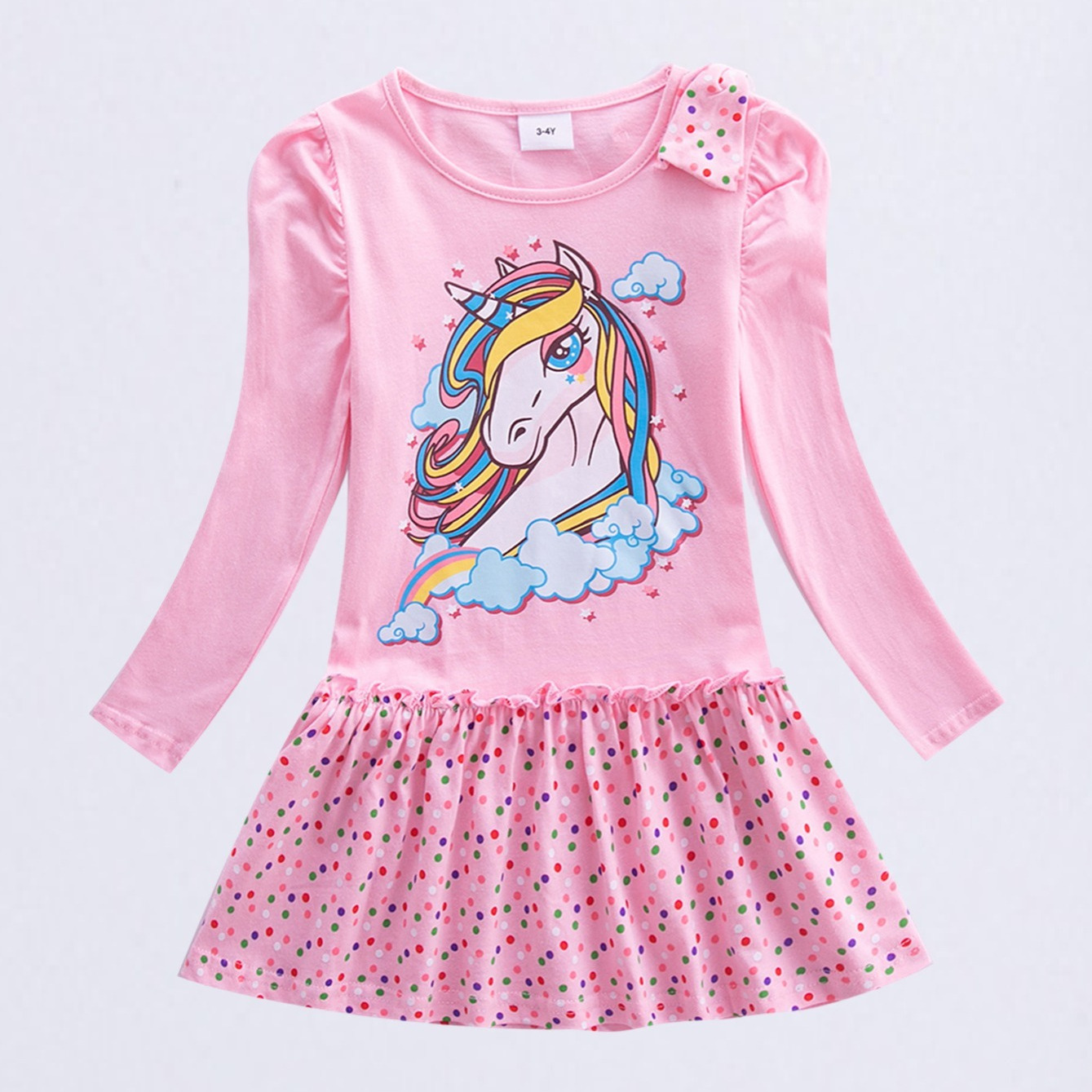 Girls Cute Cartoon Unicorn Print Long Sleeve Polka Dot Ruffled Hem 