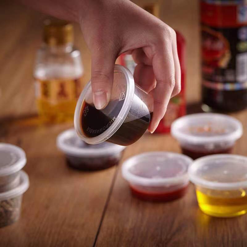1oz 2oz 3oz 4oz 5oz Round Portion Cups Disposable Dipping Sauce Take Out  Plastic seasoning Cup with hinged lid