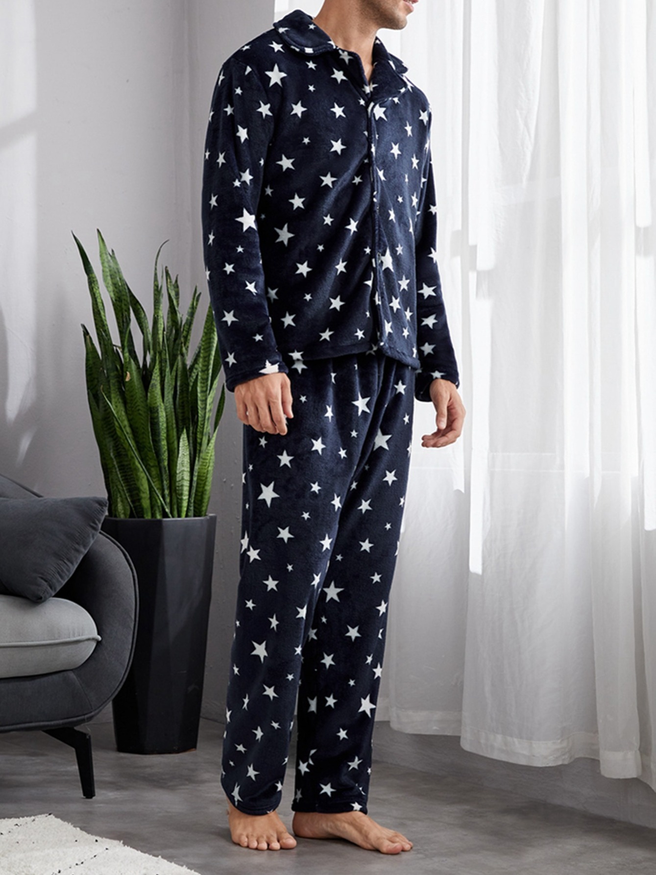 Men s Star Pattern Pajama Padded Shirt Set Temu United Arab Emirates