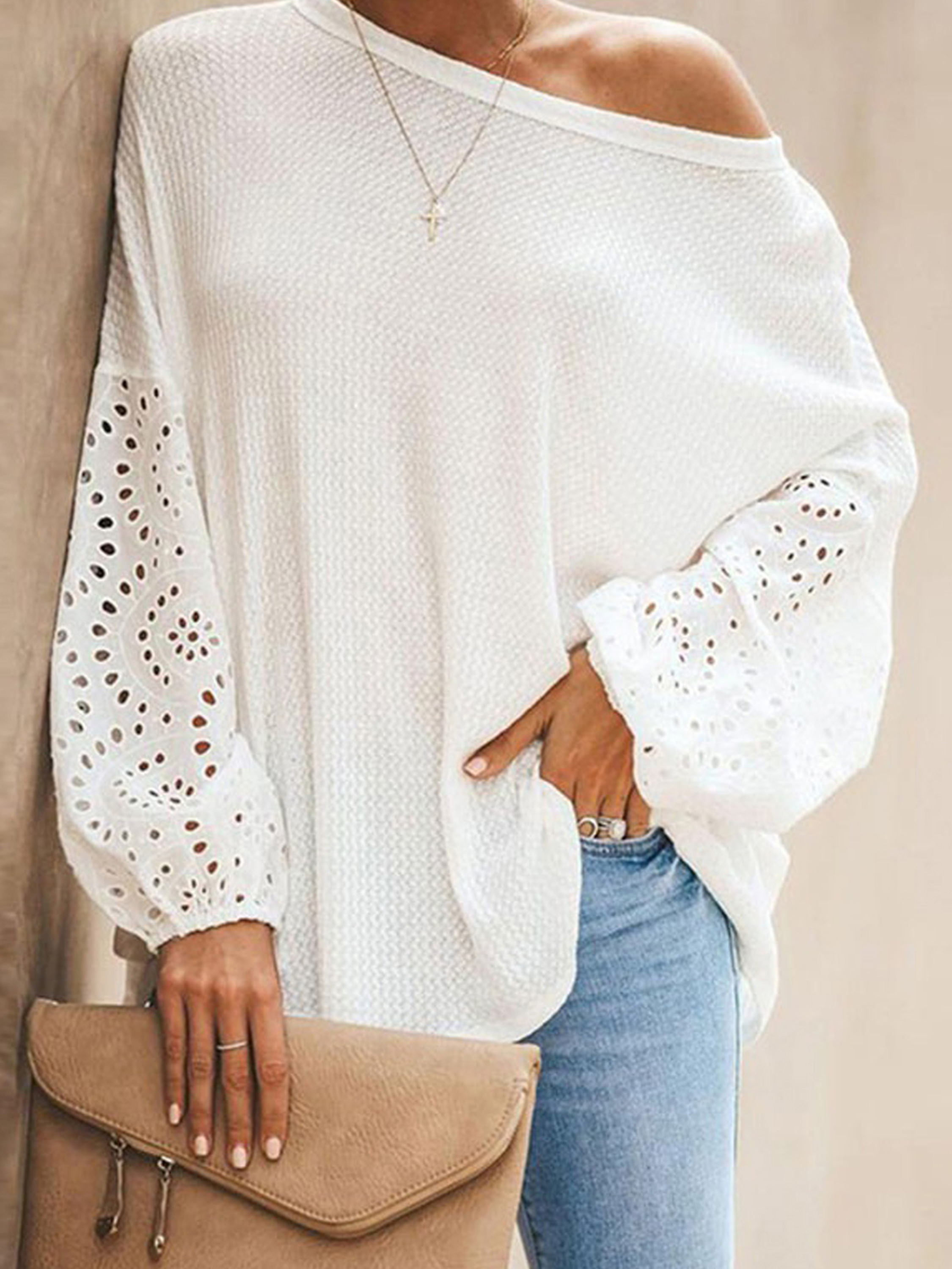 Women's Blouse Cut Contrast White Lace Sweatshirt - Temu