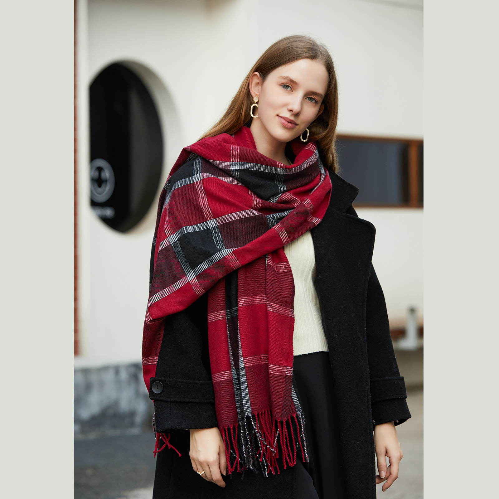 Plaid Pattern Tassel Scarf Windproof Warm Shawl Classic Thick Couple Scarves
