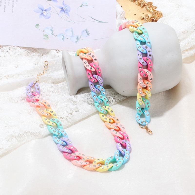 Pastel Rainbow Chain Link Necklace Bracelet Set Macaron Color