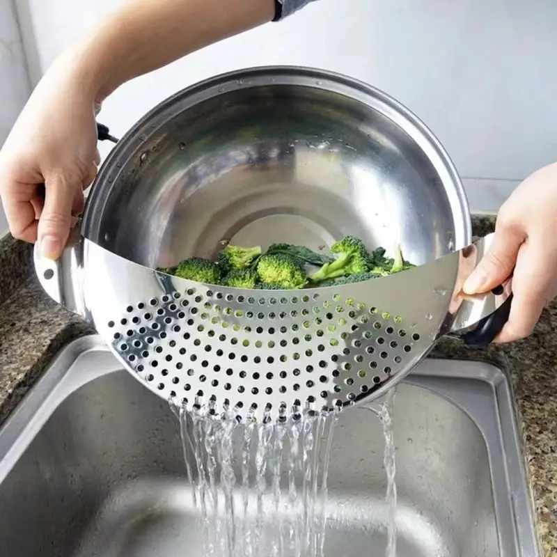 1pc kitchen stainless steel pot strainer hand held pot drainer fruit washing filter details 1