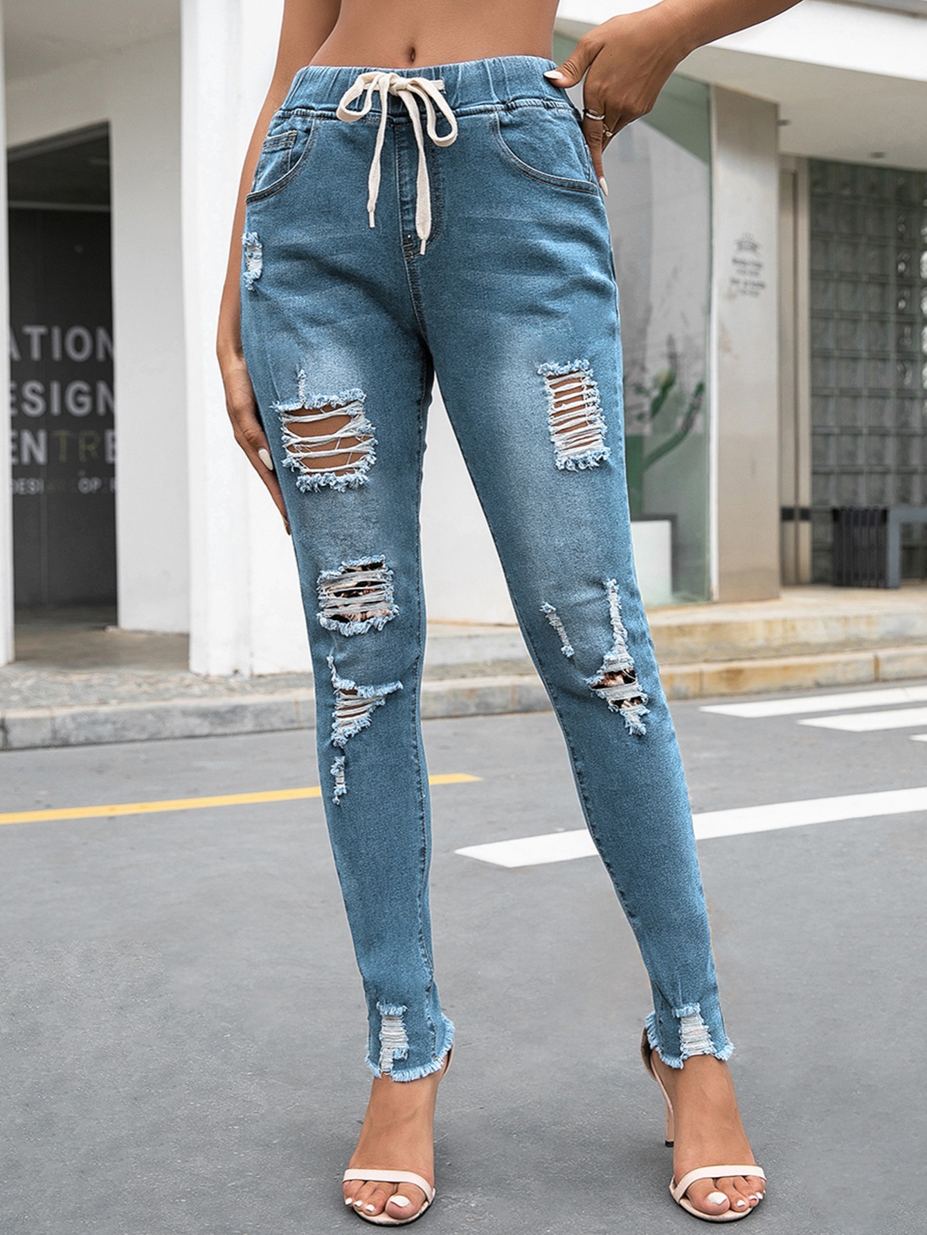 Stretchy Leopard Patchwork Jeans Mid Rise Elastic Waistband Drawstring Hem Jean  Pants Casual Trendy Pants Womens Clothing Denim, Check Out Today's Deals  Now
