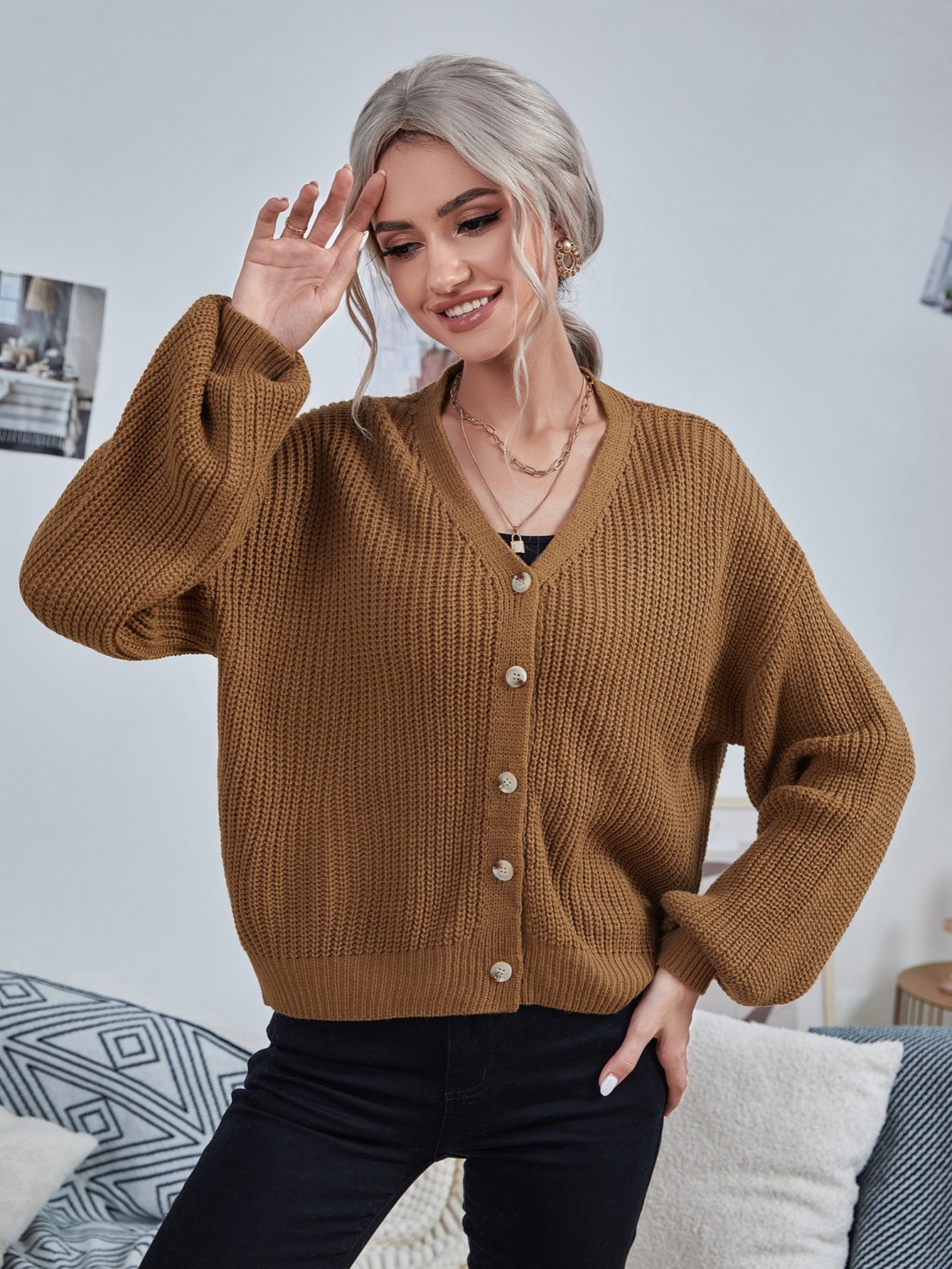 Women's Sweater Knit Open Front Long Sleeve Button Loose - Temu