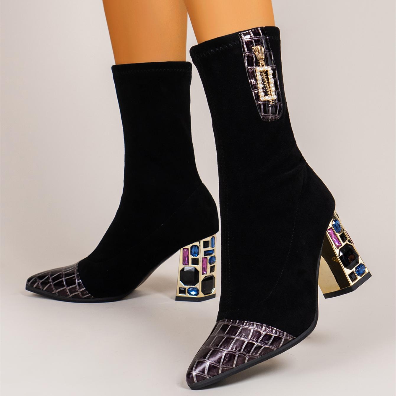 Women's Autumn Winter High Heel Sock Boots Rhinestone Decor Chunky