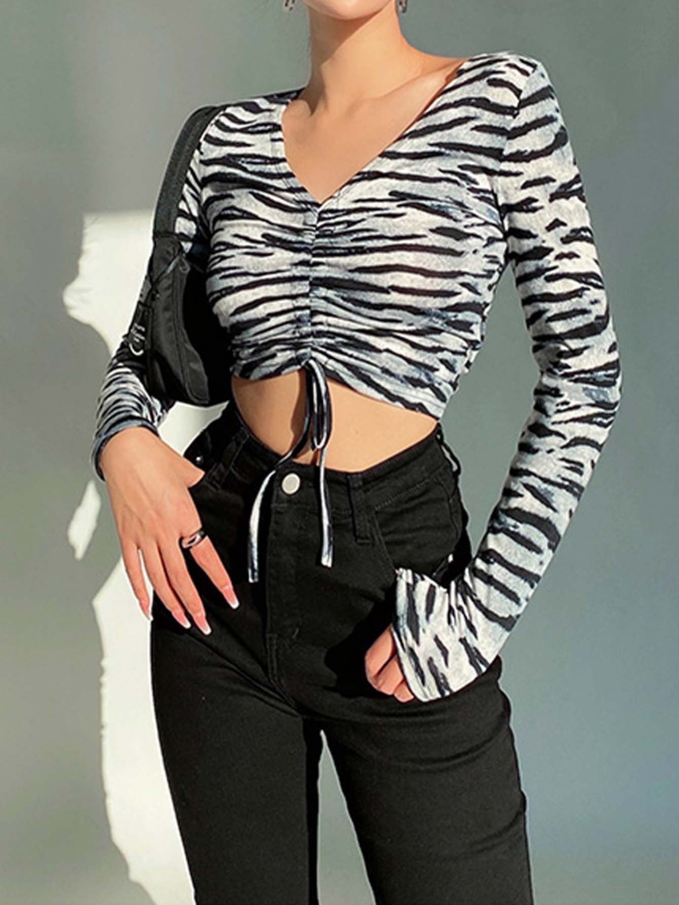 Sexy V-Neck Zebra Striped Loose Long Sleeve Crop Top – Micze