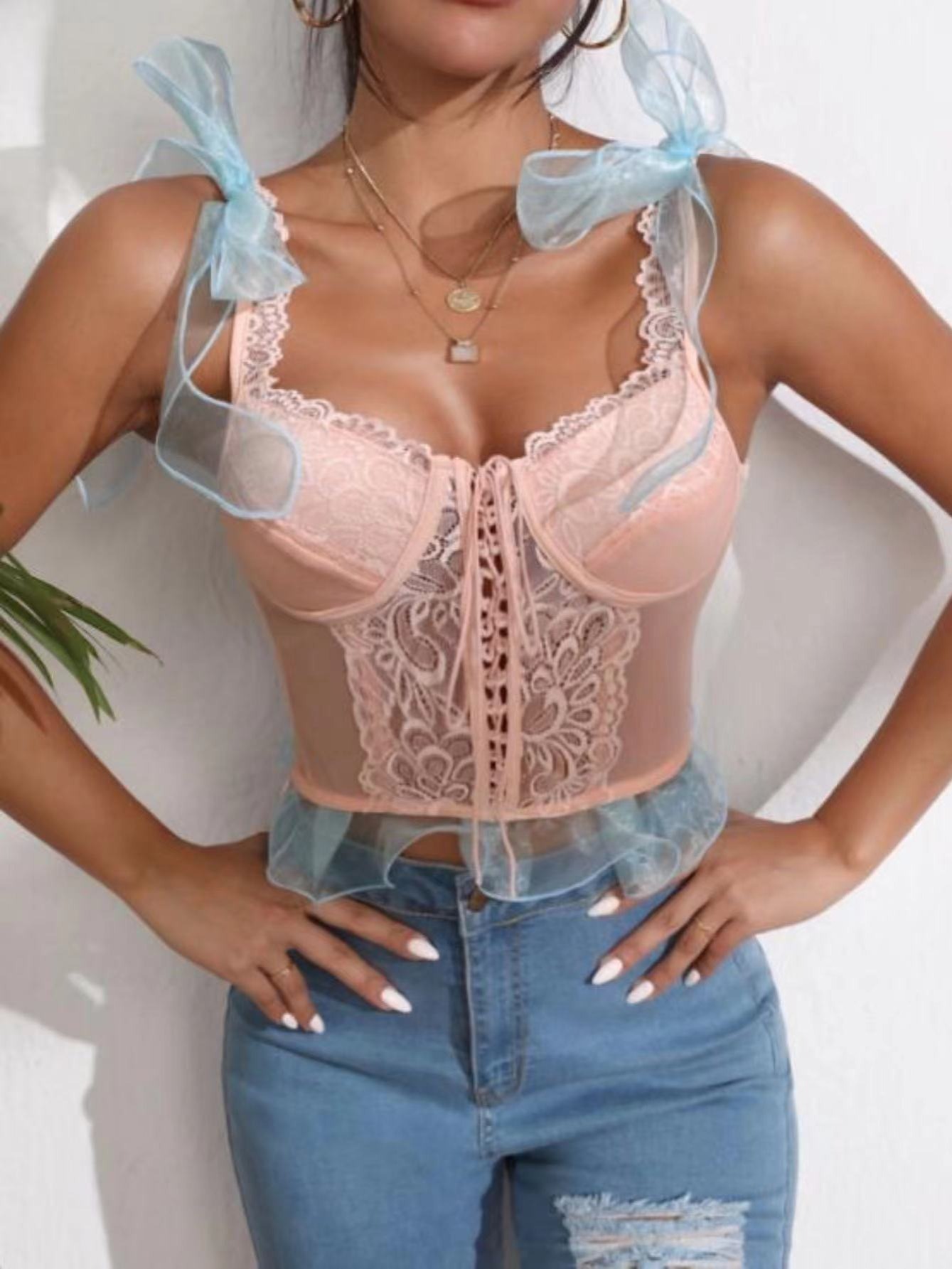 Lace Corset Tops for Women Aesthetic Lace Patchwork Cami Blouse
