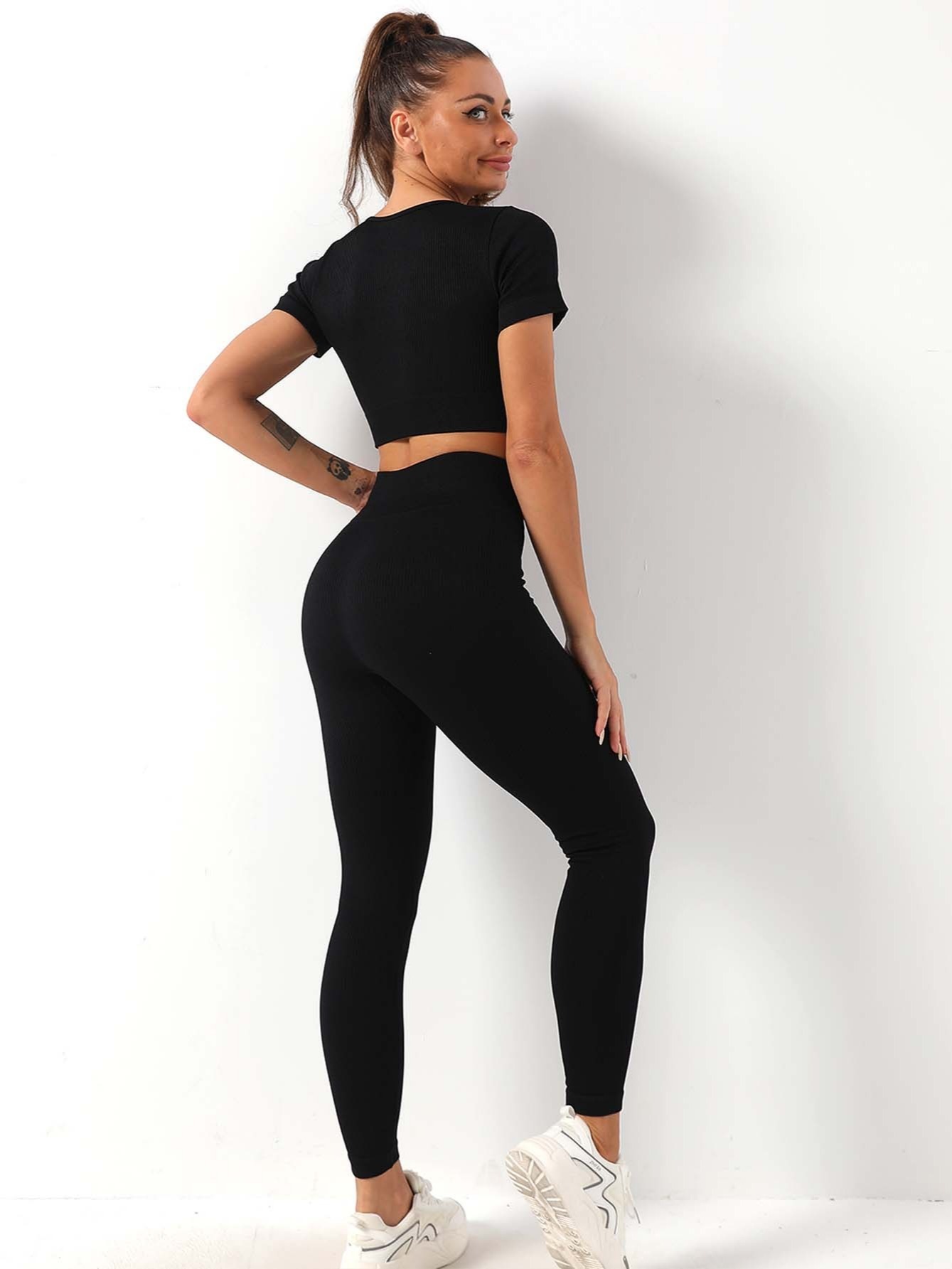 2pcs Yoga Workout Set, Short Sleeve Crop Top & High Stretch Running Sports  Leggings Suit, Women's Activewear