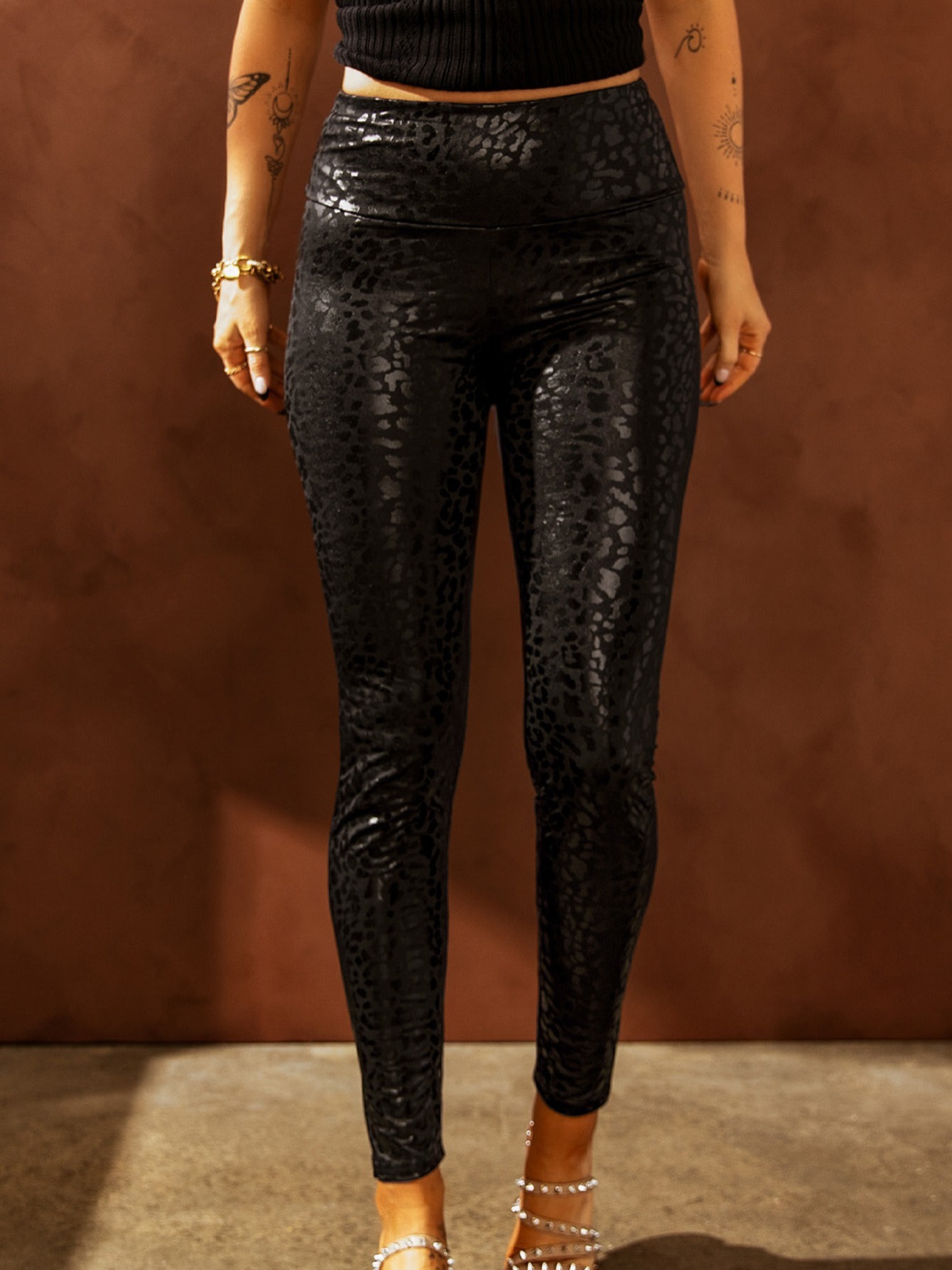 Women's Leggings Black Shiny Leopard Textured Leggings Pants - Temu