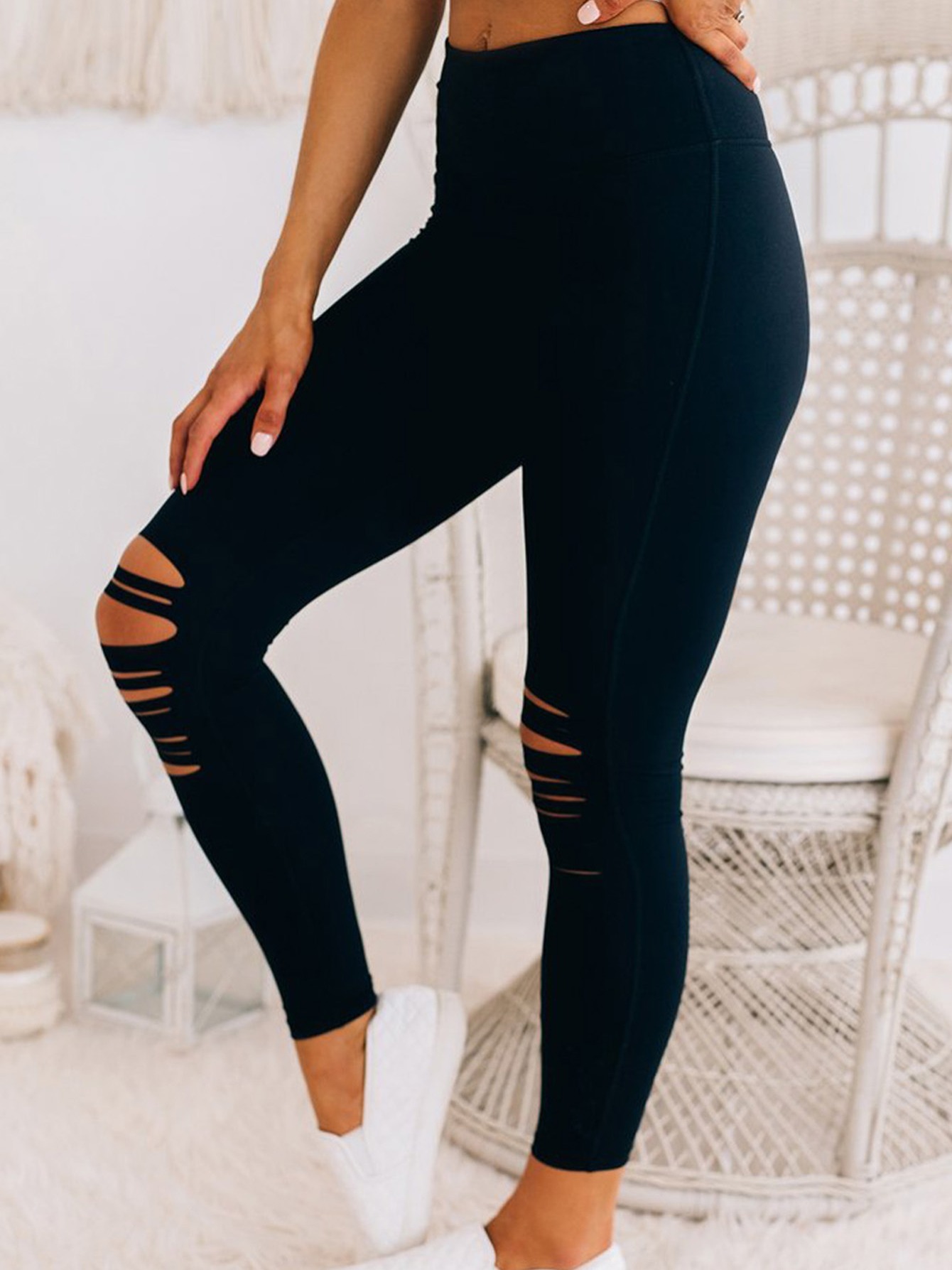  EFJONE Pantalones negros para mujer, cintura alta, rasgados,  ajustados, recortados, leggings : Ropa, Zapatos y Joyería