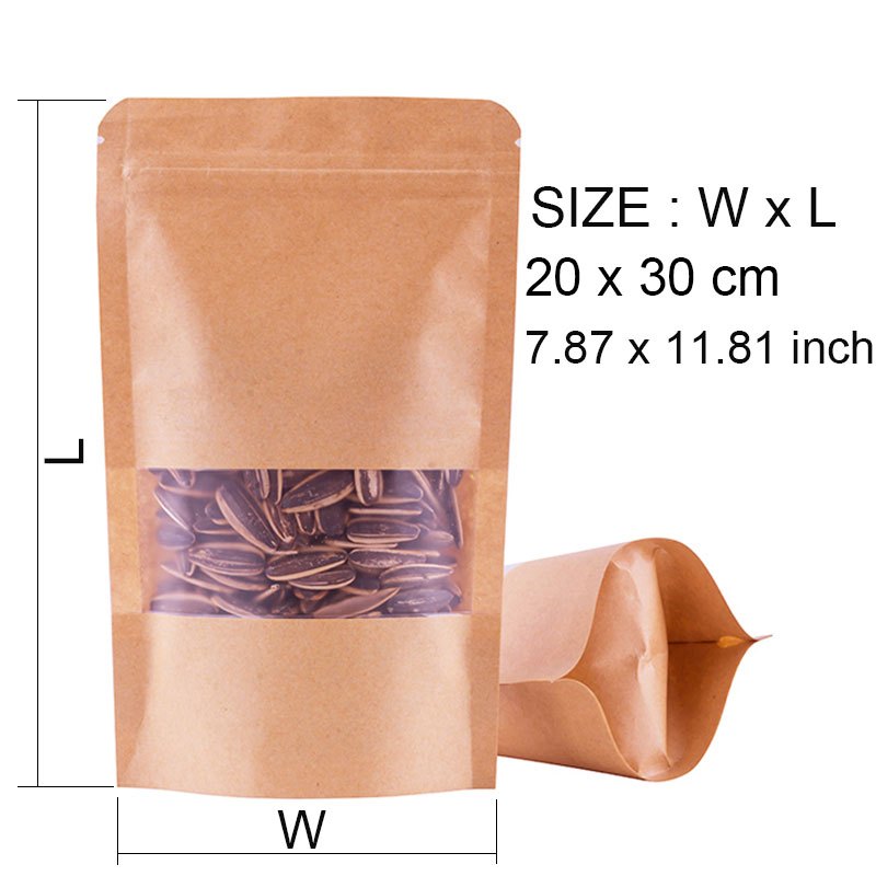 Stand Up Pouches Snack Kraft Paper Bags with Window Brown Sealable