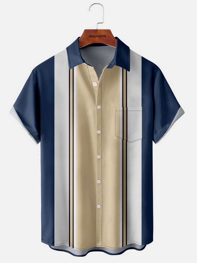 Mens Polyester Color Block Vertical Striped Button Through Shirt ...