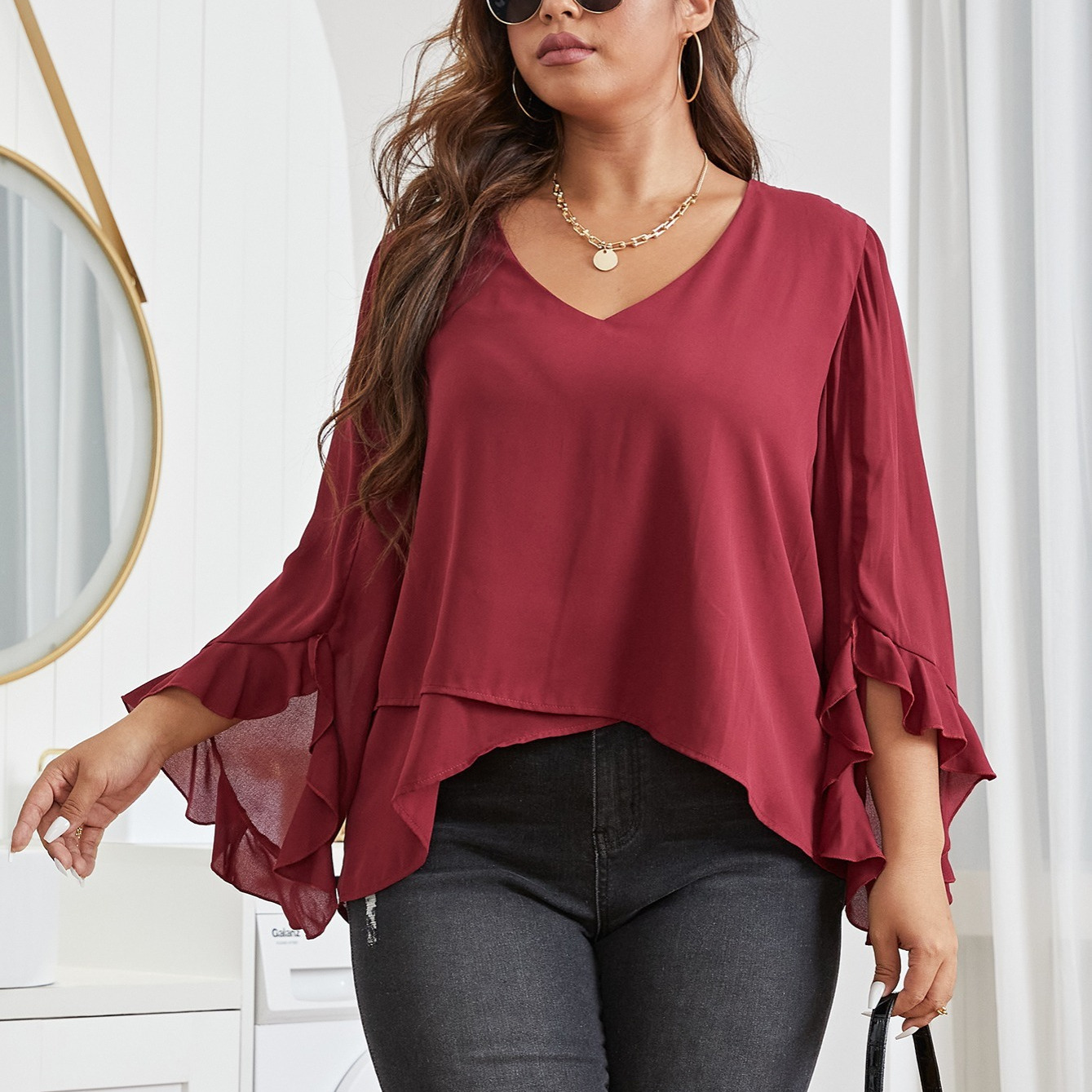 Red chiffon cheap blouse plus size