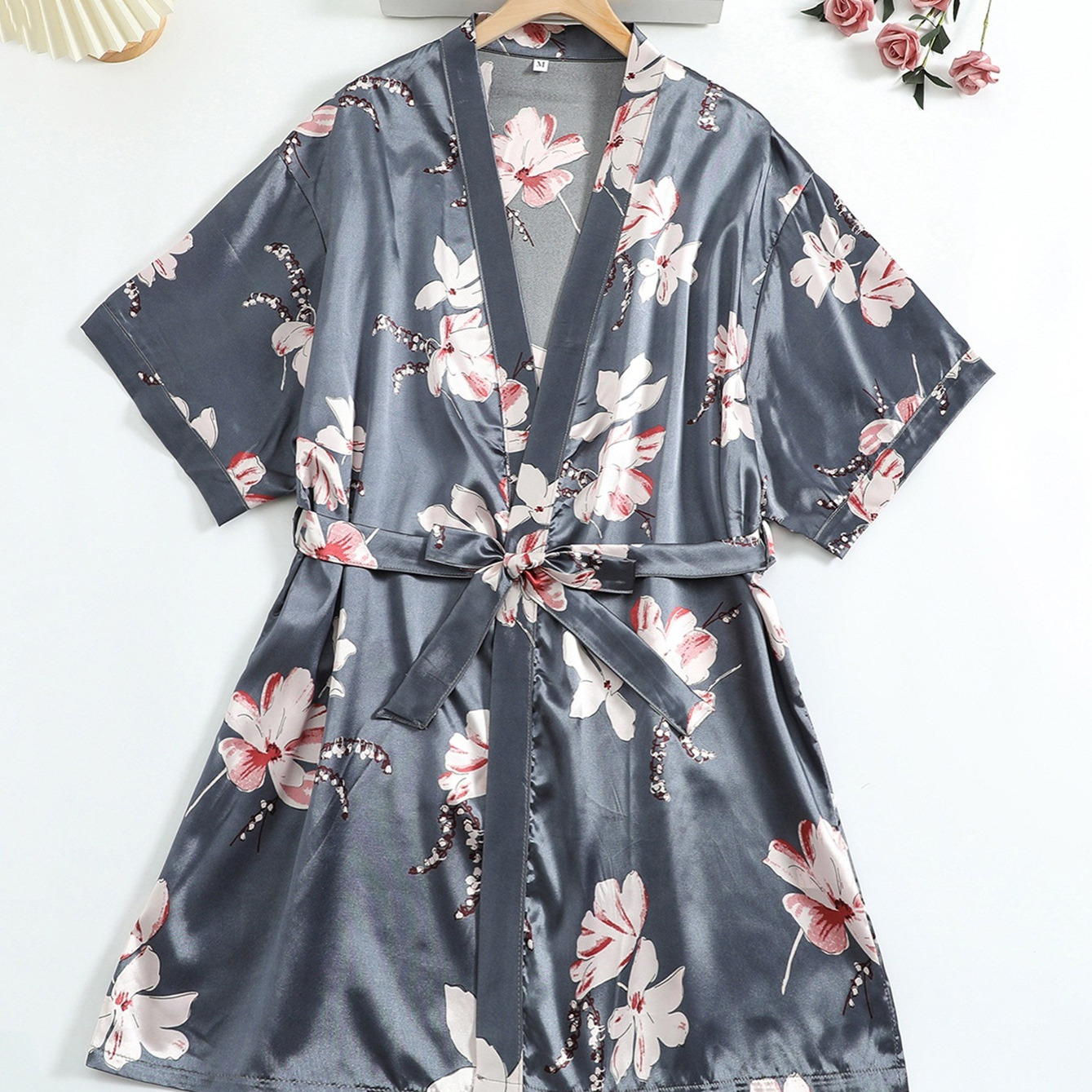 Women's Satin Floral Print Short Sleeve Nightgown Lounge Robe