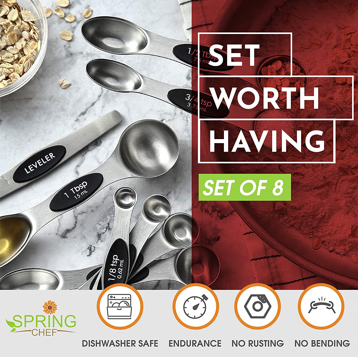 Warmheart Magnetic Measuring Spoons Set-Kitchen Measuring Spoon Stainless Steel Dual Sided Stackable Teaspoon for Dry and Liquid (8pcs)