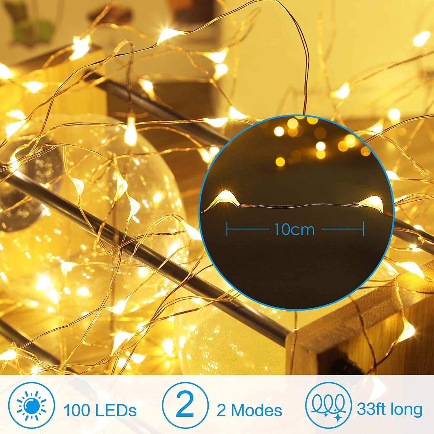 Remote Control LED Fairy Lights, USB, Copper Wire, 32 ft