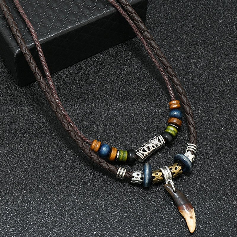 Men's Vintage Braided Leather Beaded Tooth Pendant Necklace Jewelry ...