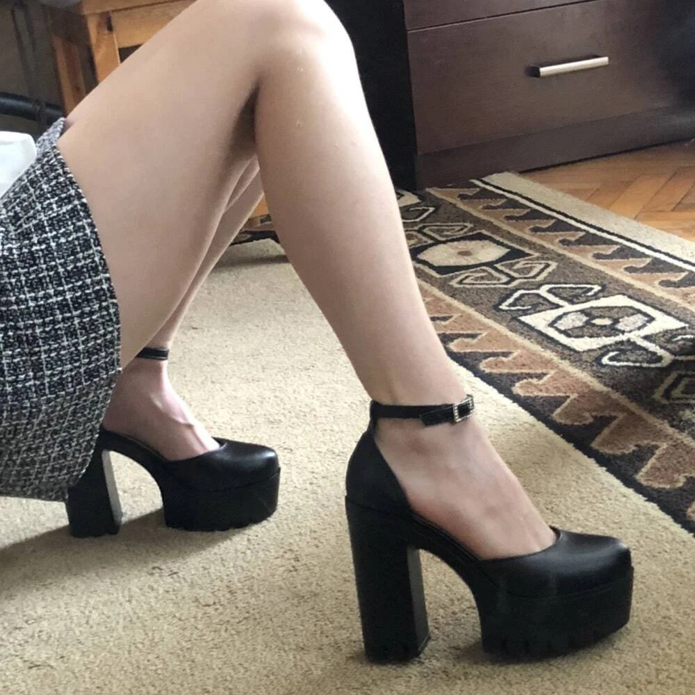 Women's Platform Ankle Strap Heels Waterproof Faux Leather Pumps