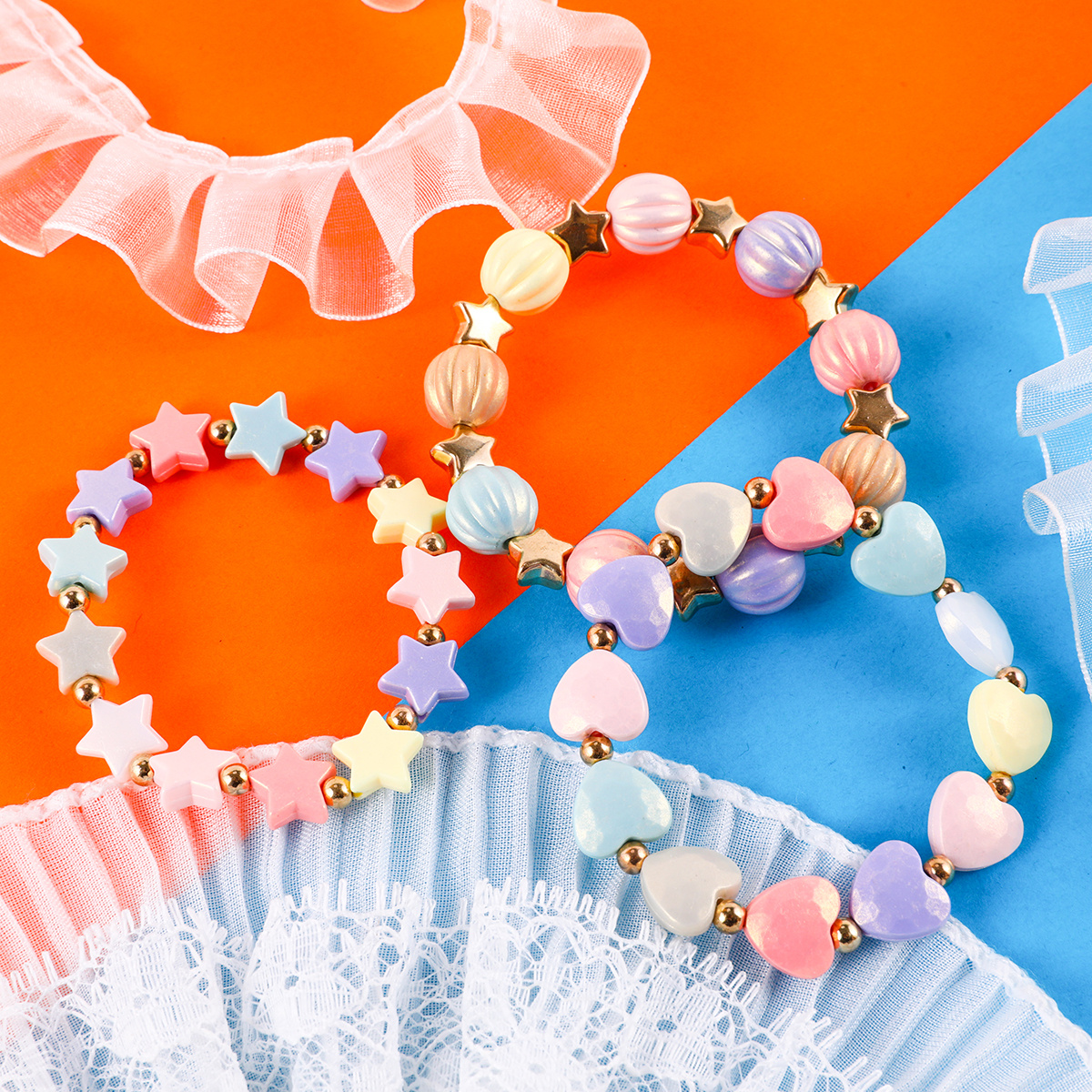 4pcs/set Girls' Cute Flower & Peach Heart & Charm Beaded Bracelets,  Colorful Random